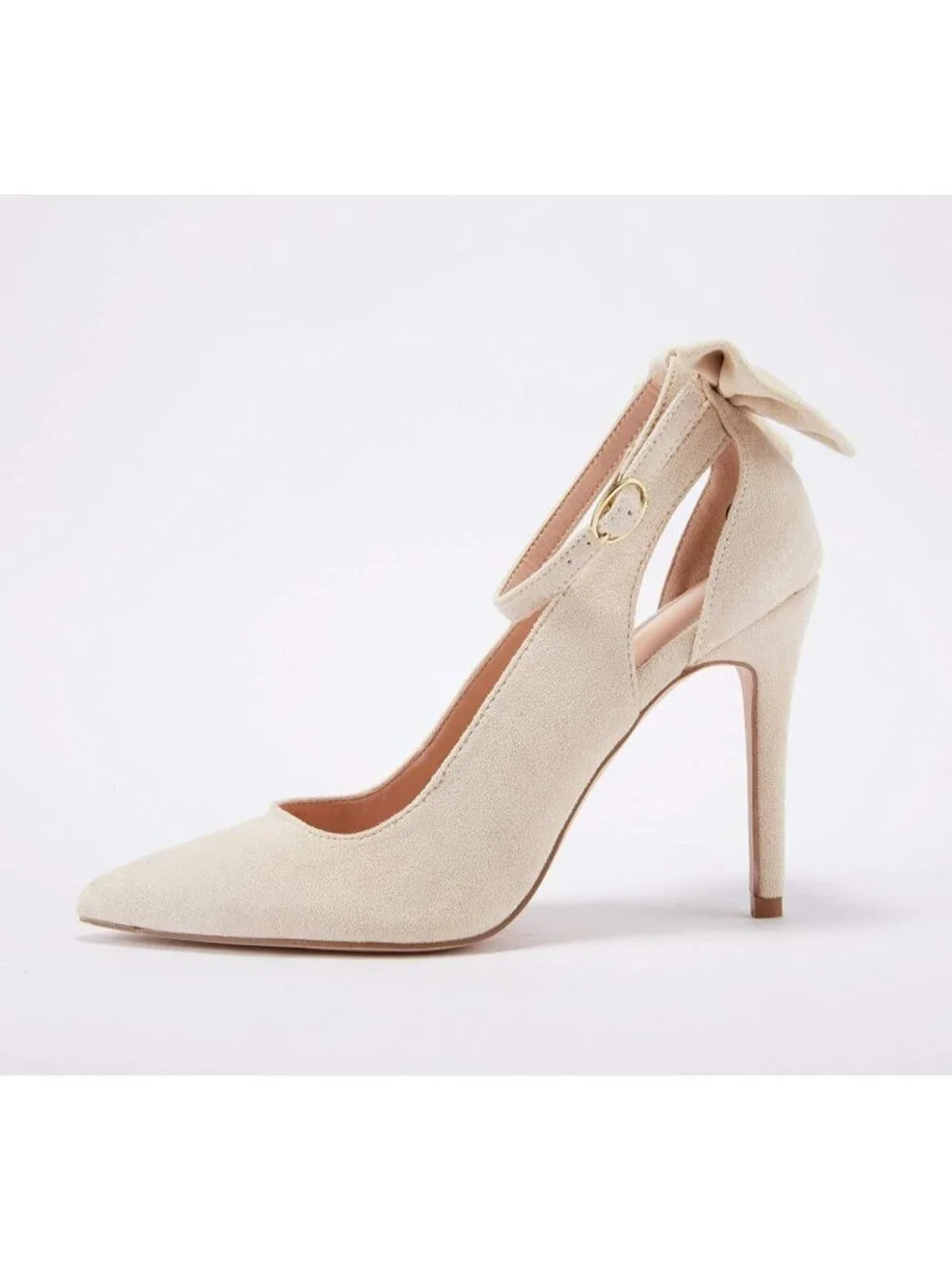 Women's Beige Pointed Toe High Heels Ankle Strap Sexy Bowtie Back Dress Sandals